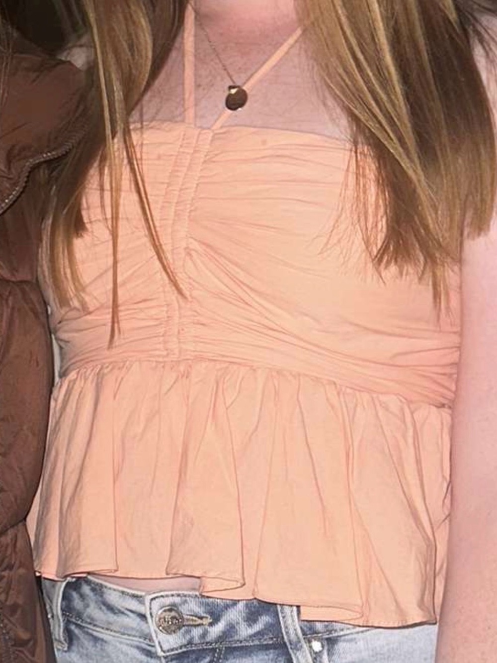 American Threads Peach Ruched Ruffle Crop Top - Picture 2 of 2